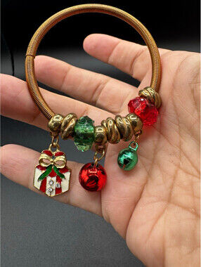 Christmas Charm Coil Bracelet Gift Box Jingle Bells Red Green Gold Holiday